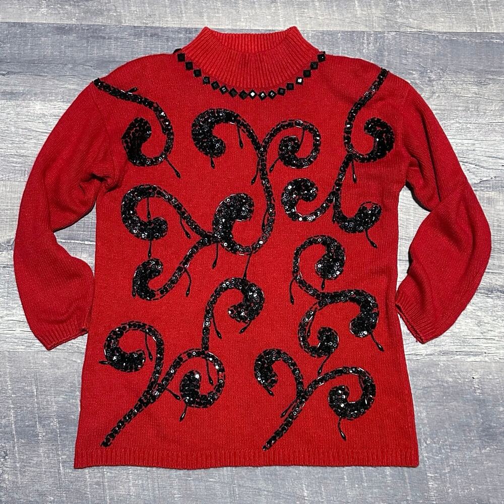 Vintage Sheridan Square Silk Wool Blend Tunic Sweater Women M Beaded Sequin Red